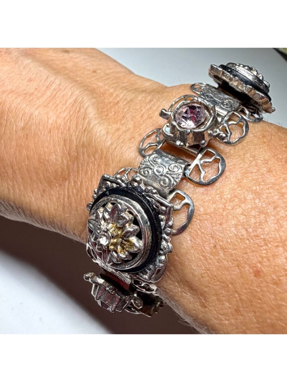 Vintage Silver Tone Black Enamel Rhinestone Statement Bracelet Lt Purple Floral